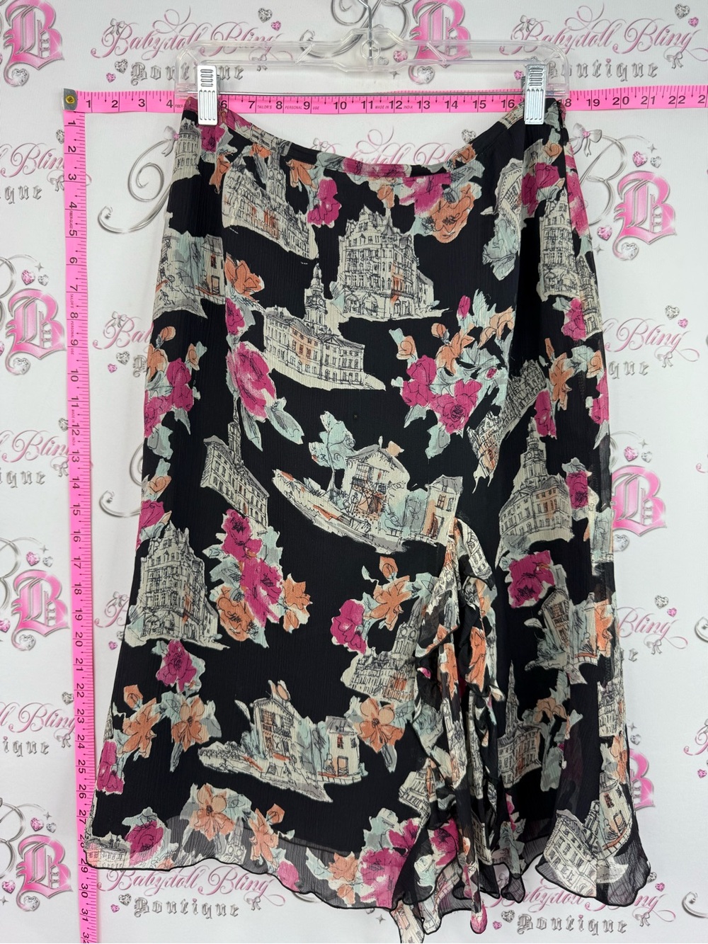 100% silk skirt Black Floral A-Line Wrap Skirt with Pink & Peach Blooms